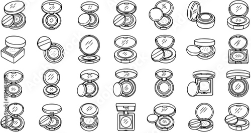 Beauty Cosmetics Makeup Compact Powder Vector Outline Icons. Black and White Line Art Glyphs of Face Products with Applicator Sponges.