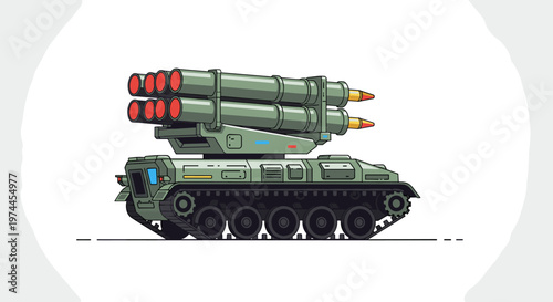 Military armored vehicle with rocket launcher system, featuring a tracked chassis, olive drab green hull, and multiple projectile tubes loaded with warheads, rendered with clean
