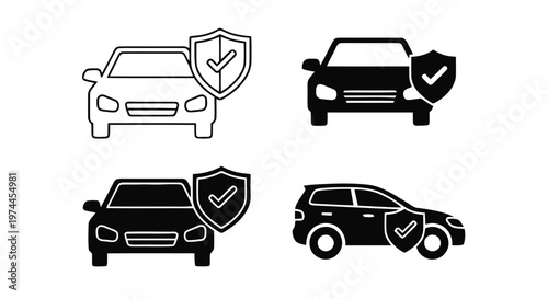 Vector illustration of set of car insurance icons with shield and check mark symbol on a transparent background