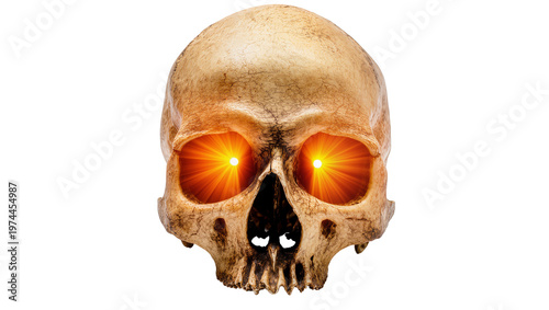 Ancient Human Skull with Glowing Orange Eyes and Cracks