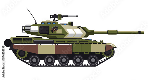 Modern military armored fighting vehicle depicted with clean lines, featuring a rotating turret, main cannon, machine gun, and caterpillar tracks, rendered in a muted green, tan,