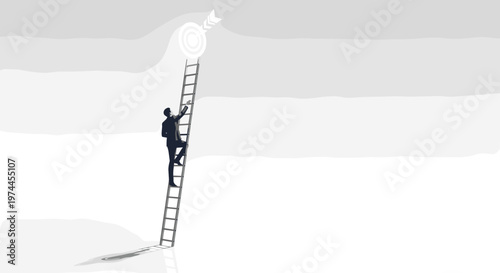 Silhouette of determined businessman in dark suit ascending a tall ladder towards a white target with arrow, symbolizing ambition, career growth, and achieving professional goals