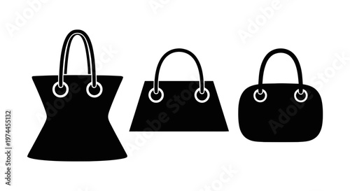 Vector illustration of set of three different handbag silhouettes on a transparent background