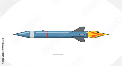 Sleek blue missile with sharp fins and vibrant yellow orange flame exhaust, propelled forward with speed and power, featuring clean lines, geometric shapes, and a striking red