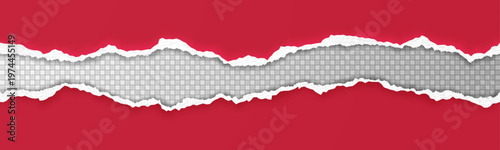 Realistic image of torn, seamless red paper with jagged edges and a soft shadow, isolated on a light background. Space for your advertising. Vector illustration.