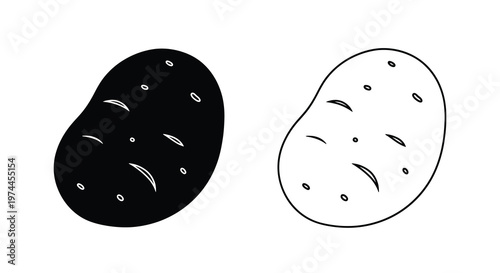 Two potatoes a black silhouette and a white outlined drawing