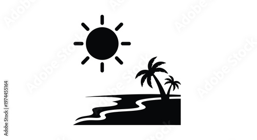 Simple black silhouette of a tropical scene with sun palms and waves