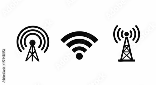 Vector illustration of set of communication tower and wifi signal icons on a transparent background