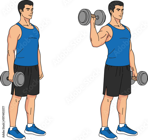 Dumbbell Shoulder Press Exercise Illustration Featuring Man Lifting Weights for Strength Training and Upper Body Workout
