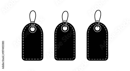 Vector illustration of set of three black blank price tags with strings on a transparent background