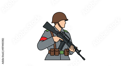Soldier in uniform holding rifle, profile view, clean lines, flat design, muted earth tones with red arm band accent, scalable graphic for historical or military themes,
