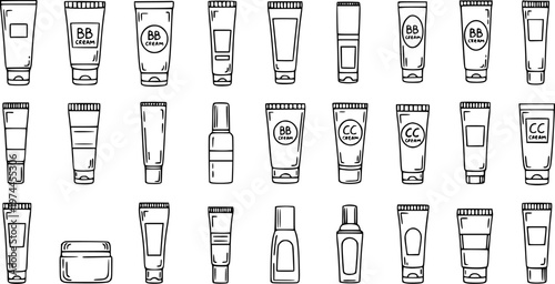 Black and White Line Art Doodle Icons of Cosmetic Beauty Products. Skincare Cream Tubes, Bottles, and Jars featuring BB Cream and CC Cream Packaging Set.