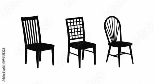 Vector illustration of set of three different wooden dining chairs silhouettes on a transparent background
