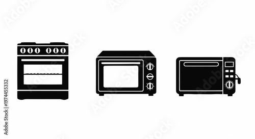 Vector illustration of set of kitchen appliances icons including stove and ovens on a transparent background