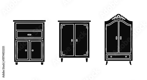 Vector illustration of set of vintage wooden furniture icons, cabinets and wardrobe silhouettes on a transparent background