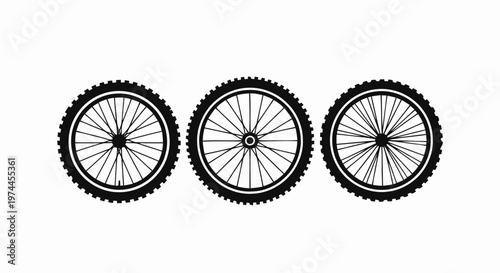 Vector illustration of set of three bicycle wheels with different spoke patterns on a transparent background