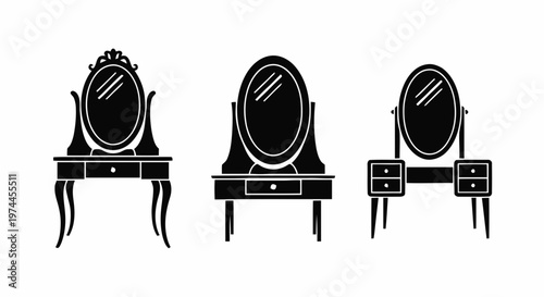 Vector illustration of set of dressing tables with mirrors on a transparent background