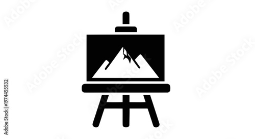 Vector illustration of easel with a painting of a mountain landscape icon on a transparent background