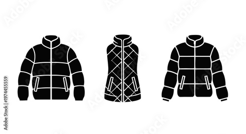 Vector illustration of set of puffer jackets and vest icons on a transparent background