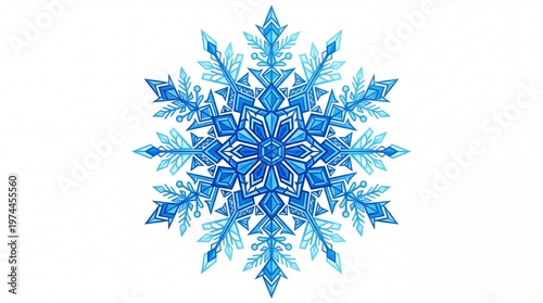 A single intricate blue snowflake with detailed geometric branching patterns and icy crystalline form