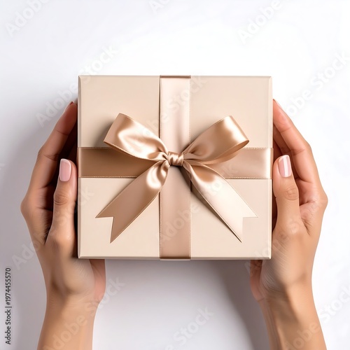 A person's hands delicately hold a beige-colored, square gift box adorned with a satin ribbon and bow. The background is a clean white
