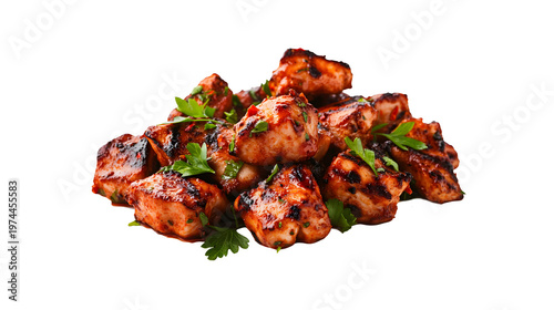 Grilled chicken skewers with fresh parsley garnish