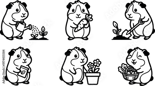 Black and white line art guinea pig gardening with watering can carrot shovel flowers and basket