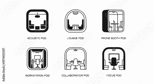 Vector illustration of set of office pod icons for acoustic, lounge, phone booth, and work spaces on a transparent background