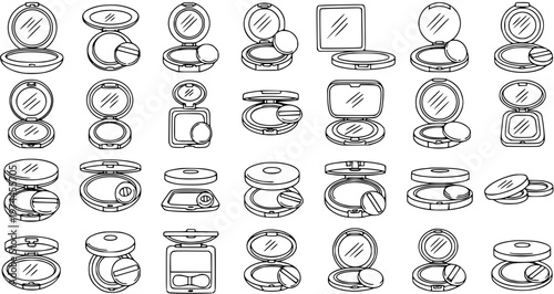 Beauty Cosmetics Makeup Powder Compact Line Art Icons Vector Set. Black and White Outline Collection of Face Powders with Mirrors and Puffs.