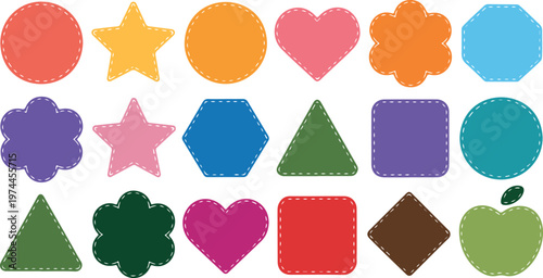 Set of colorful frames with dashed white stitching in various shapes, stitched label collection for scrapbooking and creative design