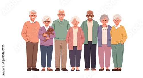 A diverse group of senior citizens standing together with a dog