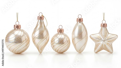 A collection of five elegant pearlescent glass ornaments with small gold flecks for holiday decor