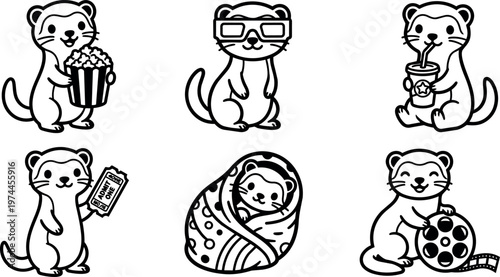 Black and white line art cute cartoon ferrets with popcorn movie ticket drink and film reel