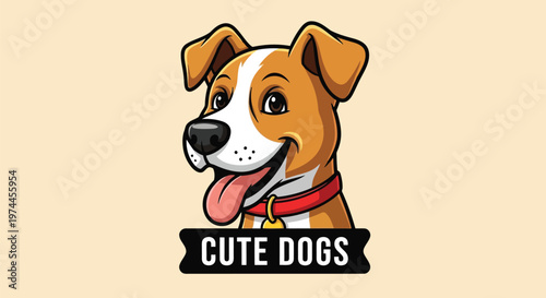 Cartoon dog with a red collar and a happy expression on a beige background