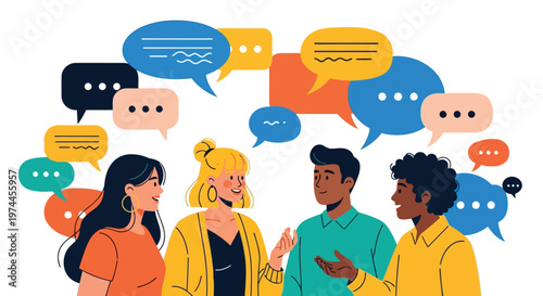Four diverse people talking and communicating with colorful speech bubbles around them