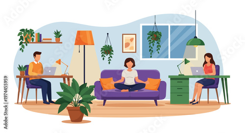 People working from home on laptops in a cozy living room with a person meditating on a purple couch