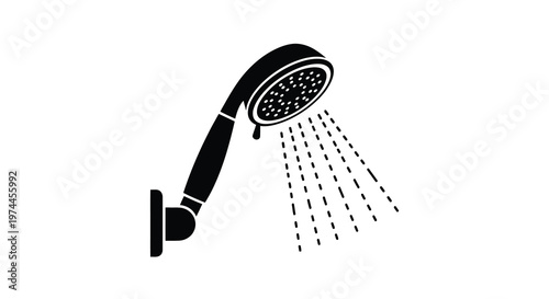 Black and white illustration of a modern shower head with falling water droplets