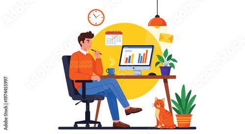 Man sitting at desk with computer and cat, looking thoughtful while working