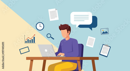 A man sitting at a desk working on a laptop with various office supplies and icons floating around him in a colorful workspace