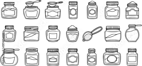 Food and Kitchen Spices Jars with Measuring Spoons Black and White Line Art Set. Hand-drawn Doodle Collection of Cooking Ingredients Containers.