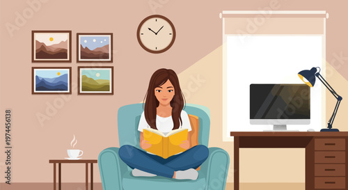 Woman sitting in a chair reading a book in a cozy room with a computer and pictures on the wall