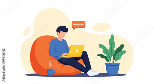 Man sitting on bean bag chair with laptop and coffee cup relaxing at home with plant
