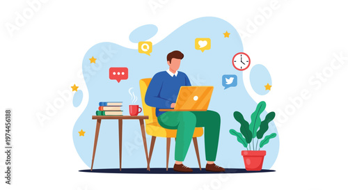 Man sitting on yellow chair working on laptop with books and coffee cup on table