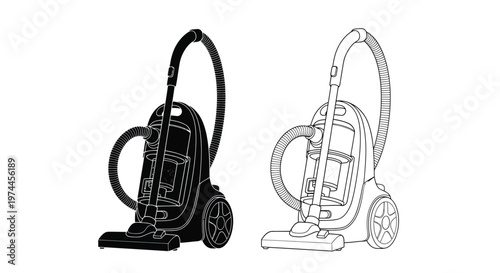 Two vacuum cleaners depicted in black and white line art style