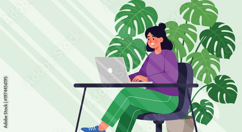 Woman sitting at desk with laptop surrounded by green plants at home office