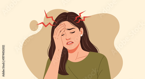 Woman experiencing headache or migraine with red lightning bolts