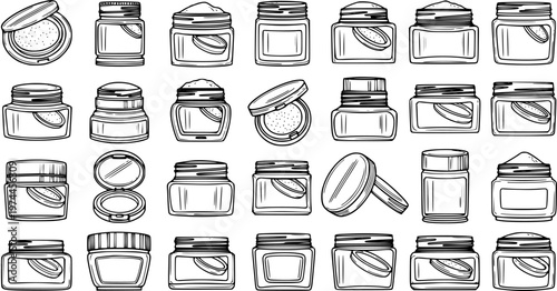 Beauty Cosmetics Skincare Products Packaging Line Art Set. Hand-Drawn Outline Collection of Cream Jars, Makeup Compacts, and Lotion Containers in Black and White.
