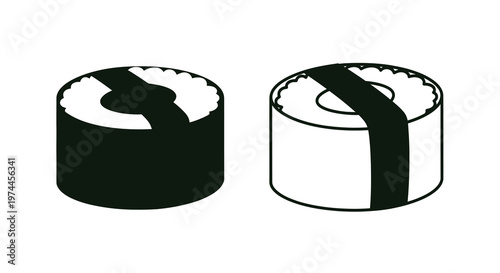 Two pieces of sushi one with nori one without depicted in a graphic style