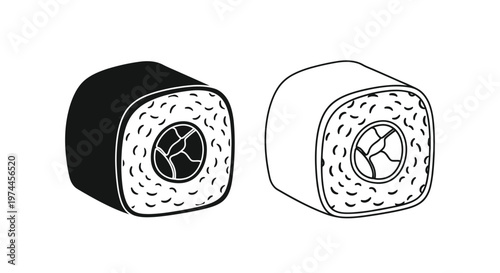 Two sushi rolls one dark and one light with visible seaweed and filling