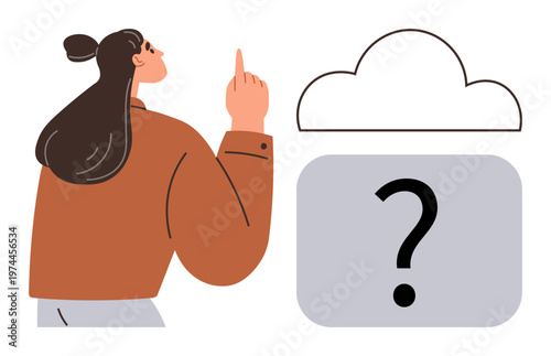 Cloud storage, data uncertainty, decision-making, digital services, online access, technology concepts. Woman gesturing toward a cloud with a question mark. Cloud storage and data uncertainty ideas
